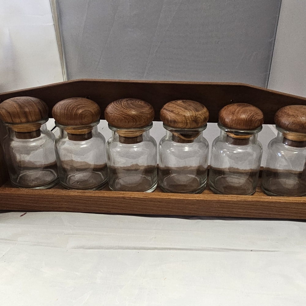 Wooden Teak Wood Spice Jar Set with Glass Containers ~ Apothecary Jars